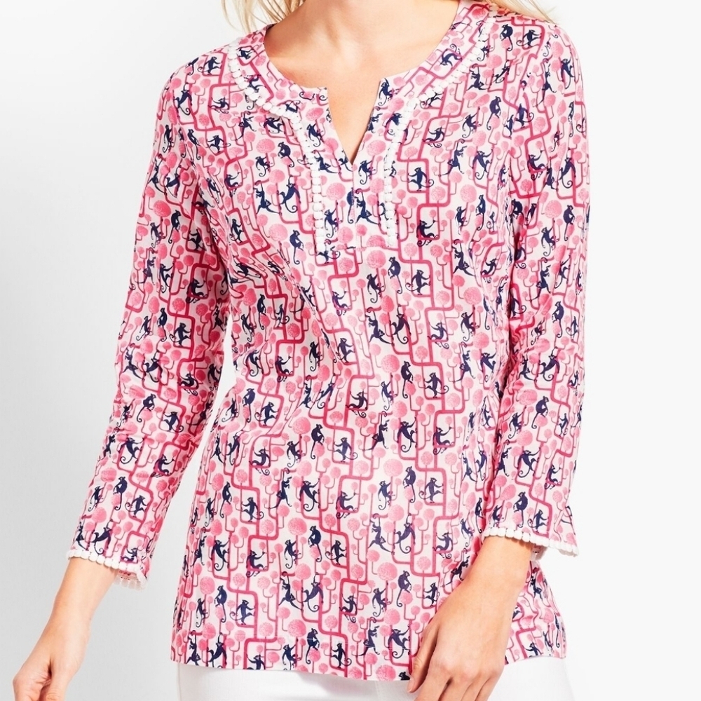 Talbots Jungle Monkey Motif Cotton Tunic sz 1X Navy Blue Pink